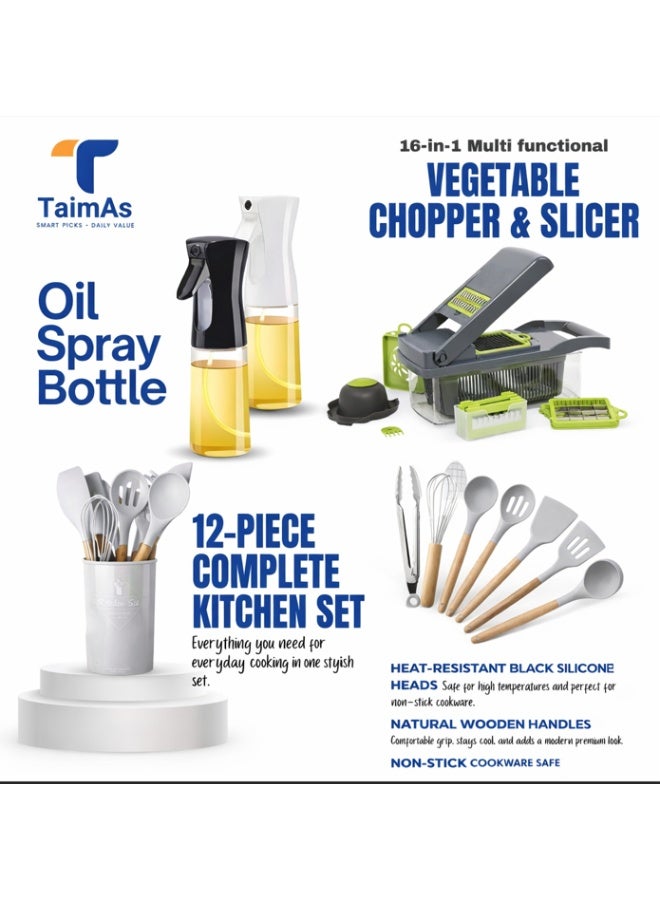 TaimAs Kitchen Bundle Set – 16-in-1 Vegetable Chopper & Slicer + 12-Piece Silicone Kitchen Utensil Set + Oil Spray Bottle - Image 1